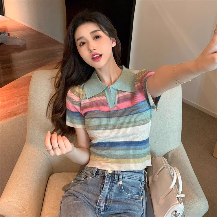 独特设计感2024夏季短款别致polo翻领彩虹条纹针织短袖T恤上衣女